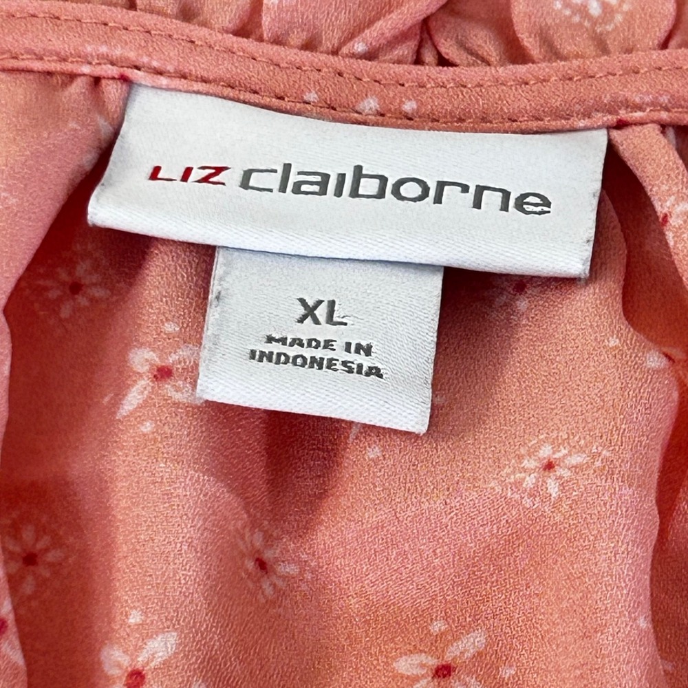 Liz Claiborne Women XL Pink Floral Ruffle Neck Tie Blouse Top Polyester - Picture 2 of 8